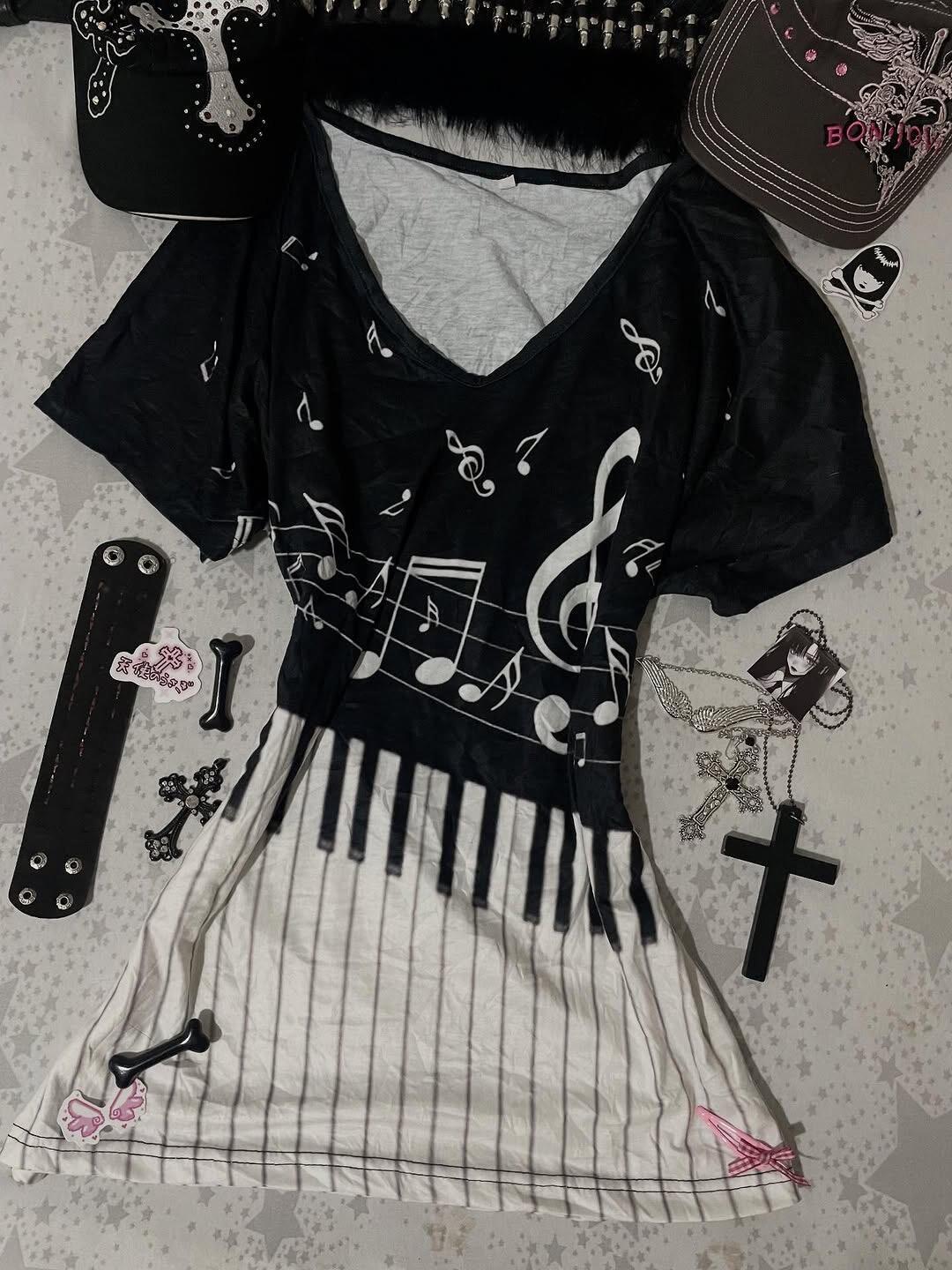 Y2K Gotik Müzik Tee Piyano Kla - Audio Music Notes incelemesi ve fiyatı